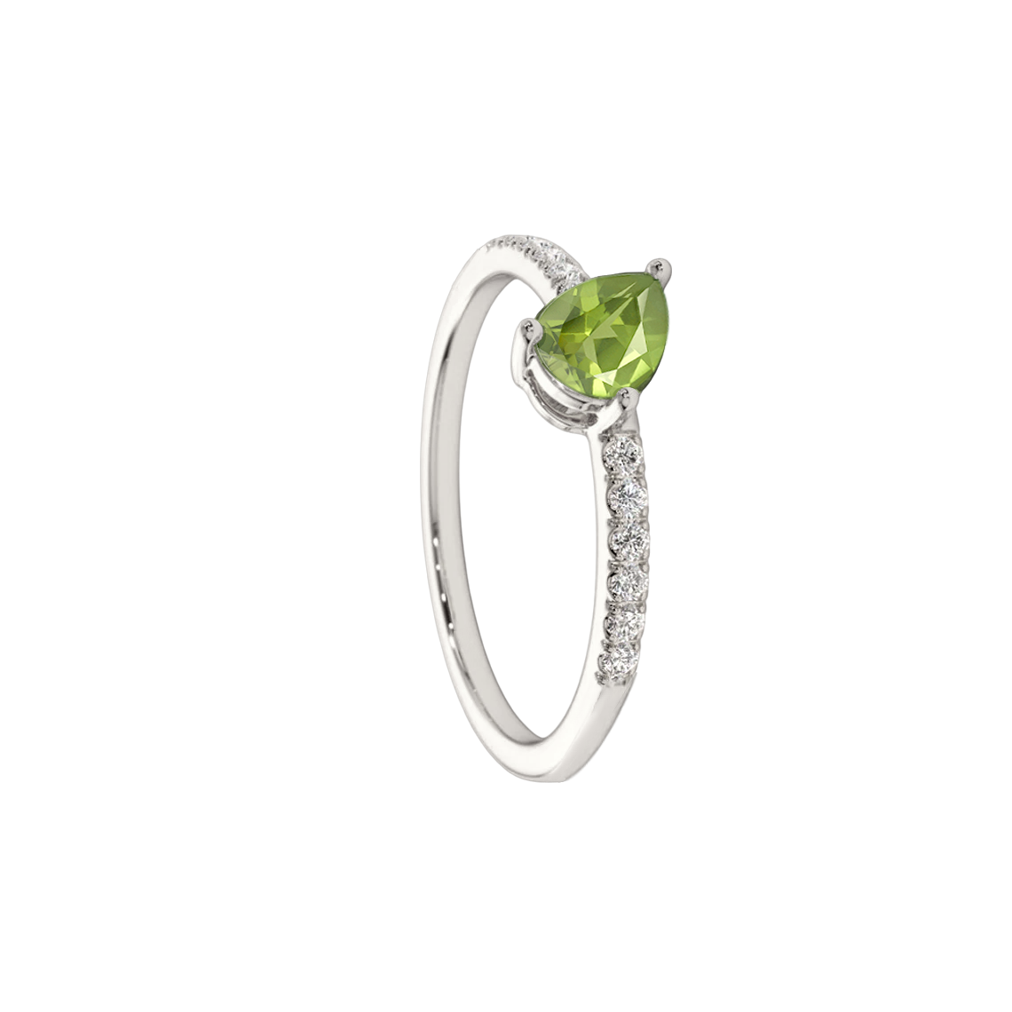 Anel Solitário Peridoto Gota (3 Garras) e Diamantes Laterais, Ouro Branco - DAYDREAM Peridoto