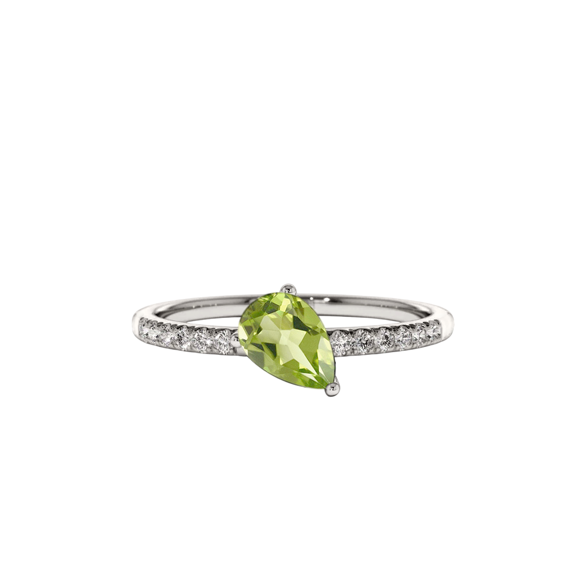 Anel Solitário Peridoto Gota (3 Garras) e Diamantes Laterais, Ouro Branco - DAYDREAM Peridoto