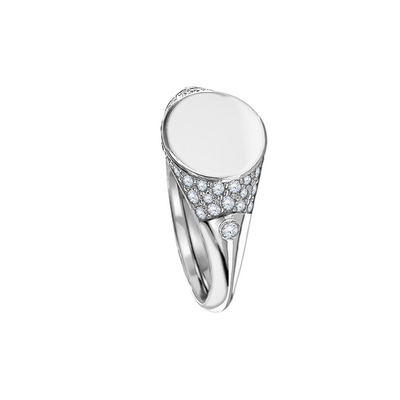 anel signet com diamantes, ouro branco 18k