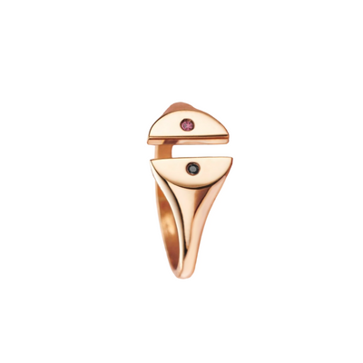 Anel Signet Redondo Aberto, Ouro Rosa com Diamante Negro e Rubi - CITY Signet