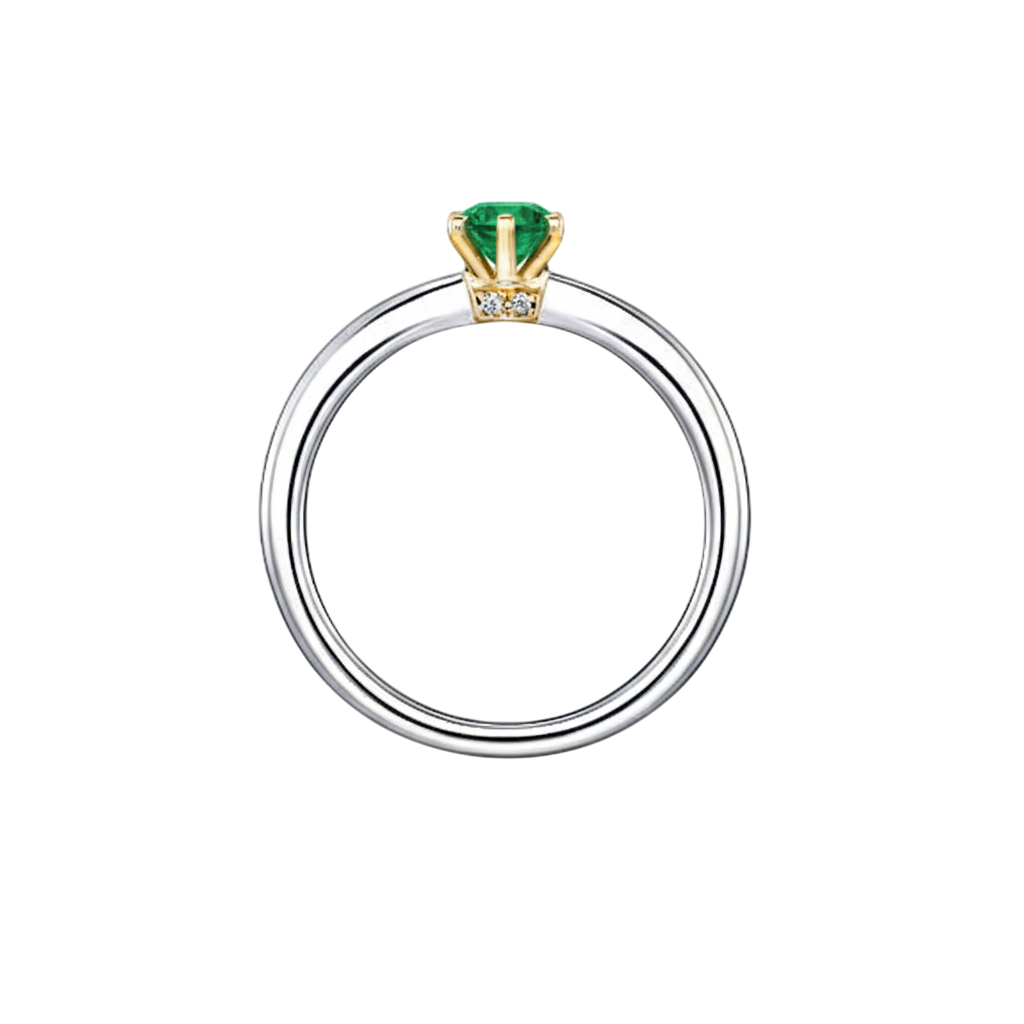 Anel Solitário de Esmeralda e Diamantes Laterais, Aro Ouro Branco e Caixa 6 Garras Ouro Amarelo (ROYALE)