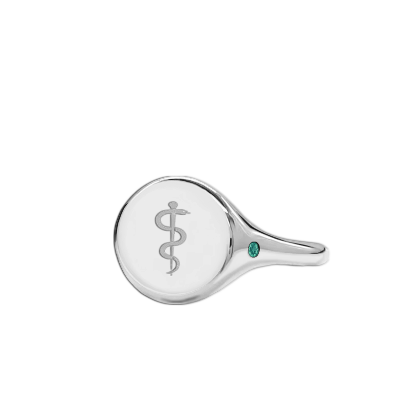 Anel Formatura Símbolo Medicina, Pedra Esmeralda Verde - SIGNET Formatura