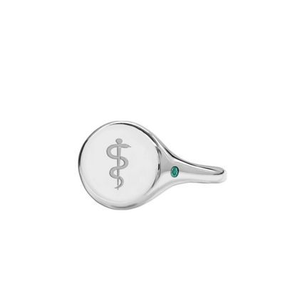 Anel Formatura Símbolo Medicina, Pedra Esmeralda Verde - SIGNET Formatura