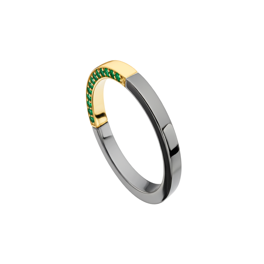 Anel com Esmeraldas nas Laterais, Ouro Amarelo e Negro Paladinado - BLEND 2,5 MM