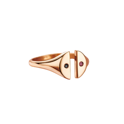 Anel Signet Redondo Aberto, Ouro Rosa com Diamante Negro e Rubi - CITY Signet