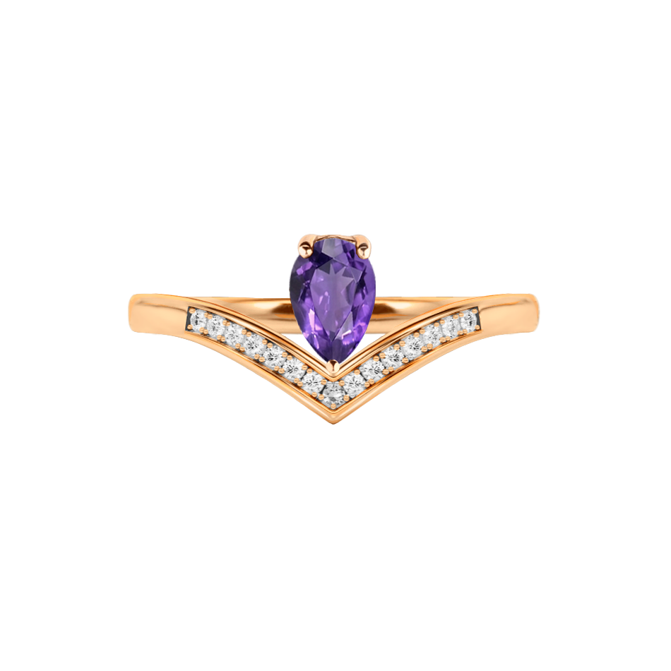 Anel Solitário de Ametista Gota e Diamantes, Ouro Rosa - VICTORIA Solitario