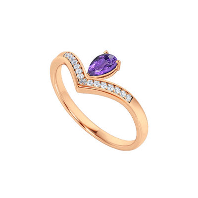 Anel Solitário de Ametista Gota e Diamantes, Ouro Rosa - VICTORIA Solitario