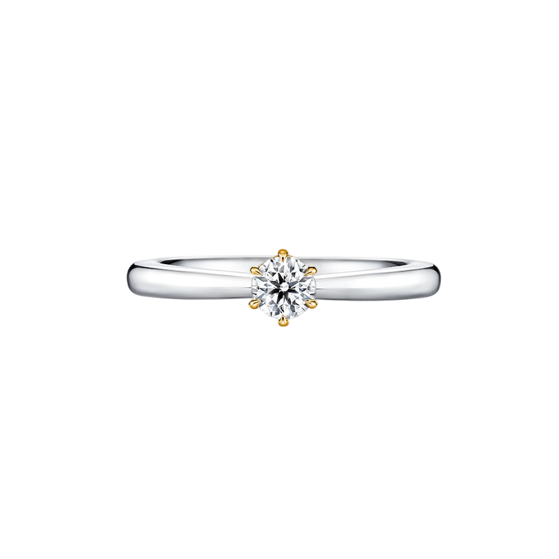 Anel Solitário Diamante Central 15 pontos, Aro Ouro Branco e Caixa 6 Garras Ouro Amarelo (ROYALE)