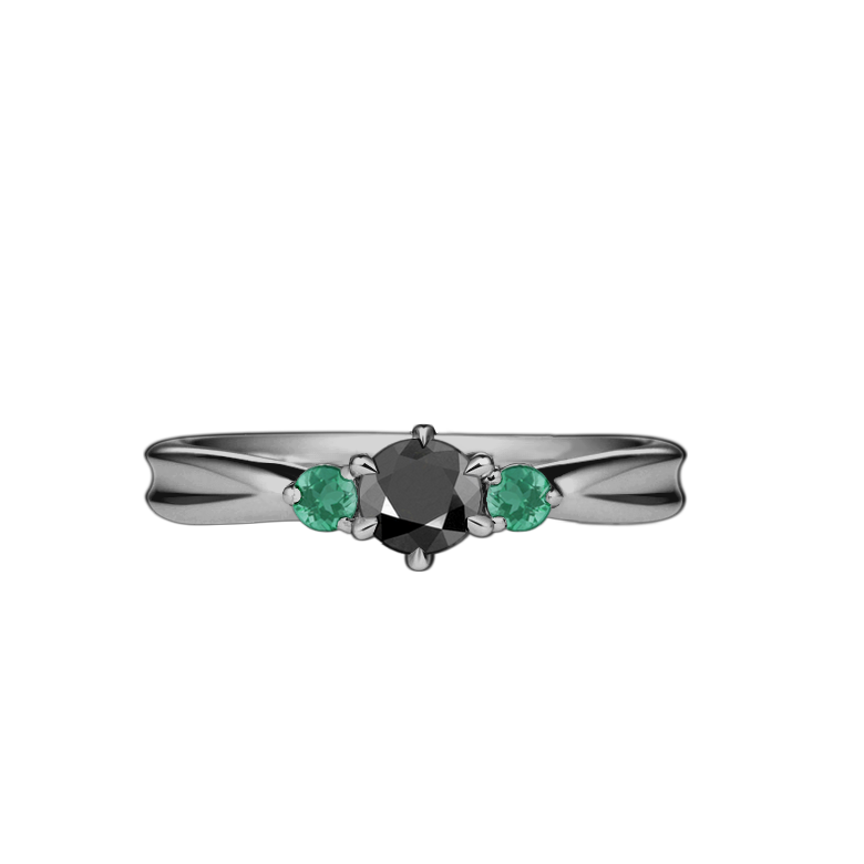 Anel Solitário de Diamante Negro e Esmeraldas, Ouro Negro Paladinado - RIBBON 3 STONE