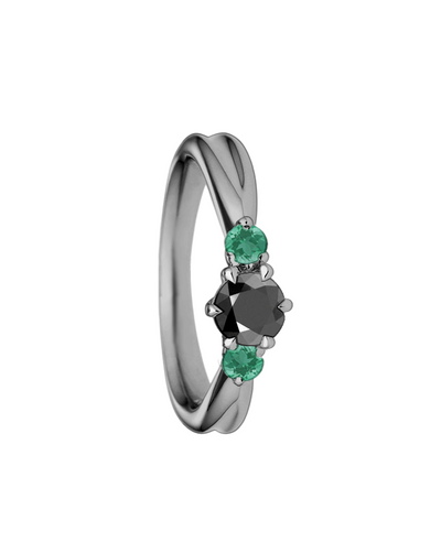 Anel Solitário de Diamante Negro e Esmeraldas, Ouro Negro Paladinado - RIBBON 3 STONE