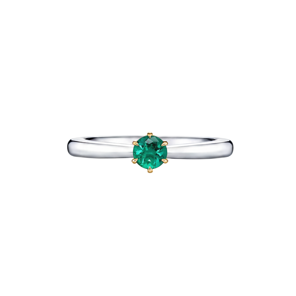 Anel Solitário de Esmeralda e Diamantes Laterais, Aro Ouro Branco e Caixa 6 Garras Ouro Amarelo (ROYALE)