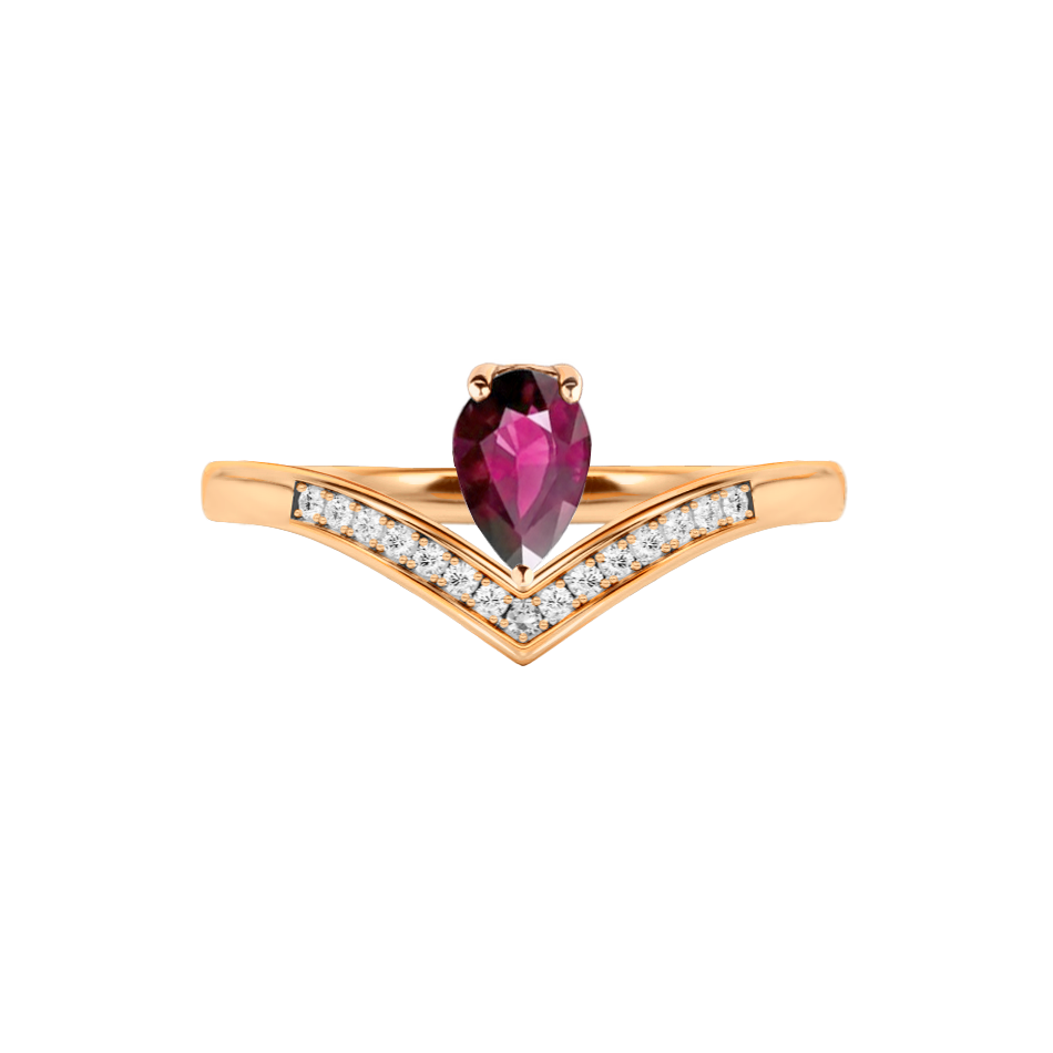 Anel Solitário de Rubi Gota e Diamantes, Ouro Rosa - VICTORIA Solitario