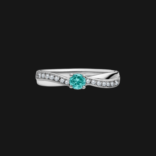 Anel Solitário Turmalina Paraíba e Diamantes em Platina, Aro Curvo - Paraiba Collection