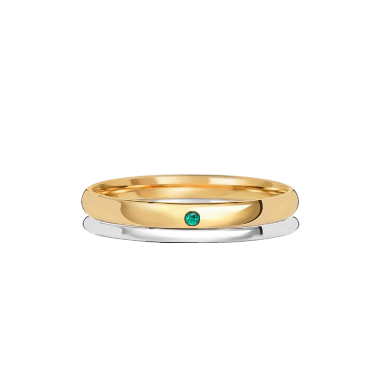 Aliança Abaulada de Duas Cores de Ouro: Amarelo e Branco, 1 Esmeralda Verde - VR 3,5 MM