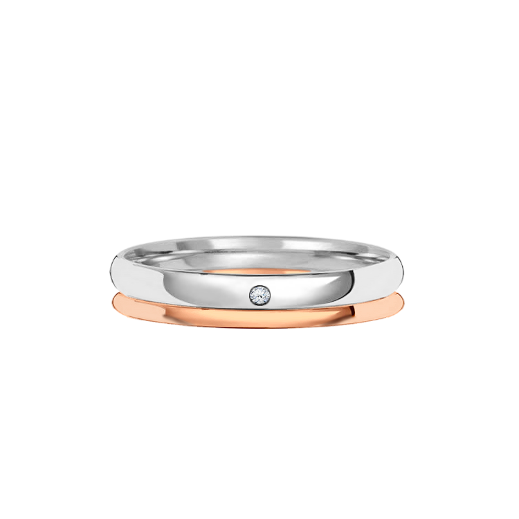 Aliança Abaulada de Duas Cores de Ouro: Branco e Rosa, 1 Diamante - VR 3,5 MM