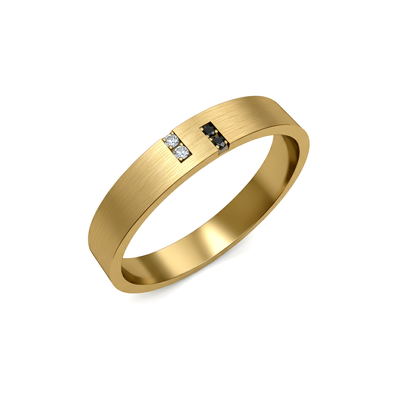 Anel Fosco em Ouro Amarelo, Faixa Paralela de Diamantes Negros e Brancos - TRIBECA 4 MM