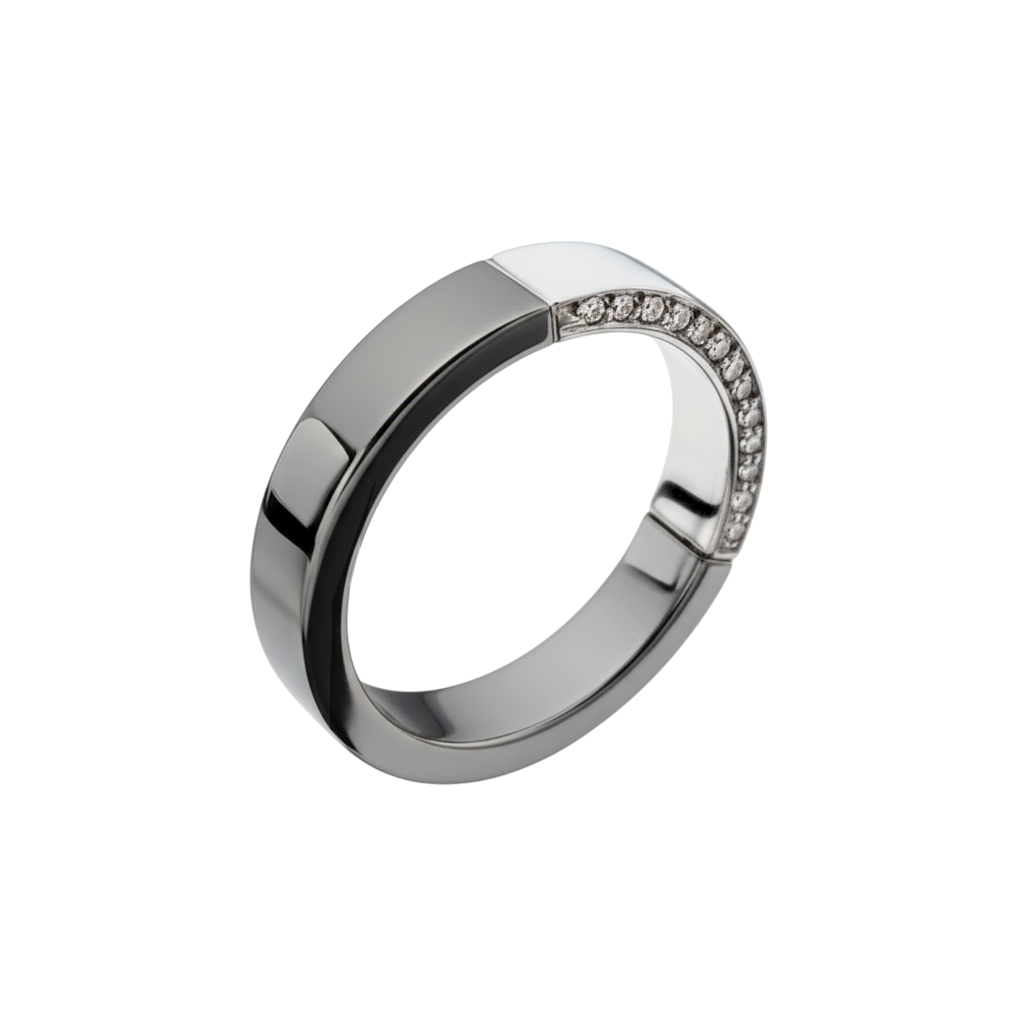 Anel Ouro Branco e Negro Paladinado com Diamantes - BLEND