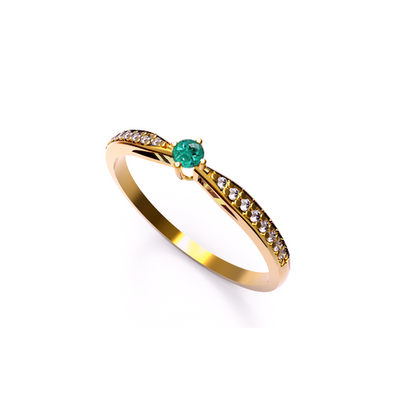 Anel Solitário de Esmeralda e Diamantes Laterais, Ouro Amarelo (WIND)