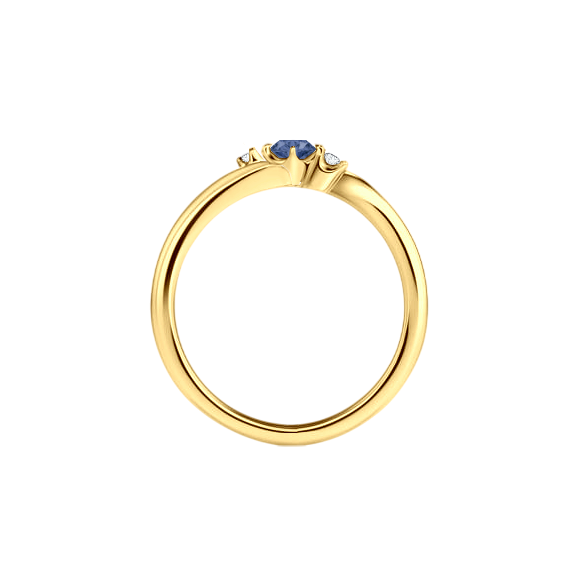 Anel Solitário 1 Safira Azul Central e 2 Diamantes, Ouro Amarelo - MOUVEMENT