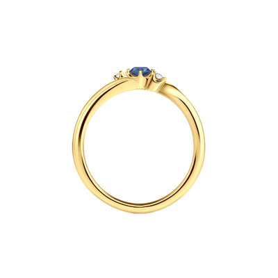 Anel Solitário 1 Safira Azul Central e 2 Diamantes, Ouro Amarelo - MOUVEMENT