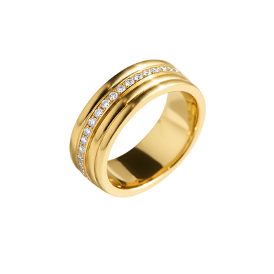 anel largo com diamantes, ouro amarelo