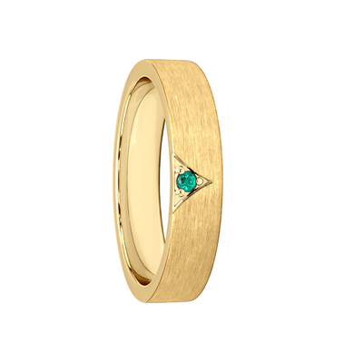 Anel Ouro Amarelo 4,5 mm Estrutura Fosca, Reta com 1 Esmeralda - CÓDICE Esmeralda