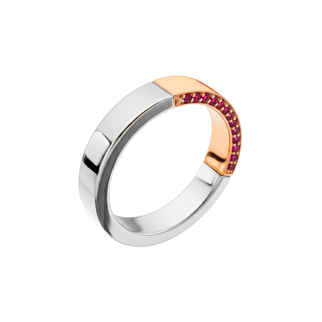 Anel Ouro Branco e Rosa com Rubis - BLEND Rubis