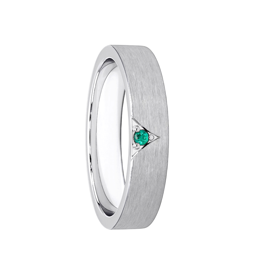 Anel Ouro Branco 4,5 mm Estrutura Fosca, Reta com 1 Esmeralda - CÓDICE Esmeralda