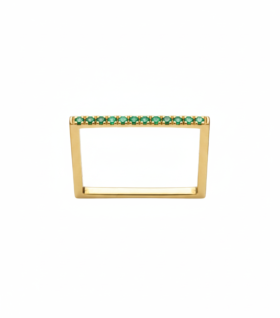 Anel Quadrado Fino Ouro Amarelo e Esmeraldas - MADISON