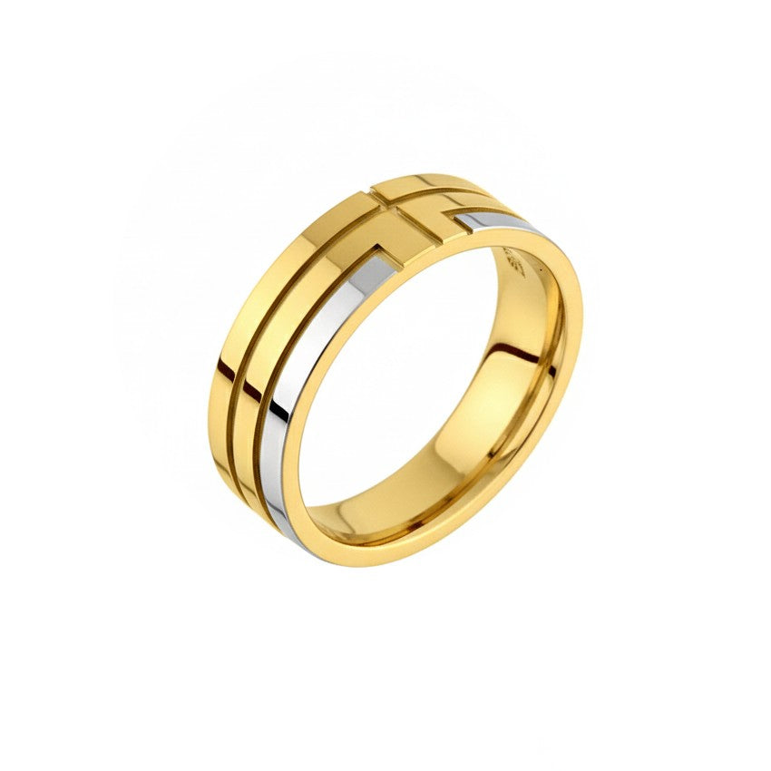 Anel Reto Ouro Amarelo Detalhes em Ouro Branco - QUANTUM 6,0 mm