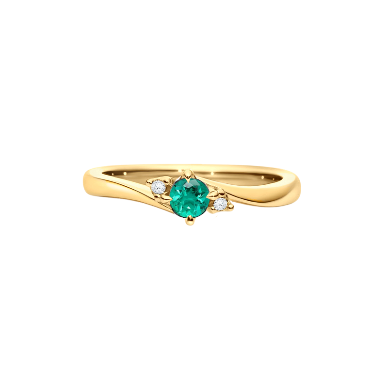 Anel Solitário 1 Esmeralda Verde Central e 2 Diamantes, Ouro Amarelo - MOUVEMENT