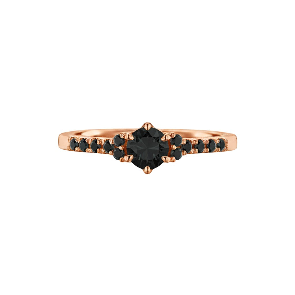 Anel Solitário de Diamantes Negros, Diamante Negro Central 16 Pontos, Ouro Rosa - FONTAINEBLEAU