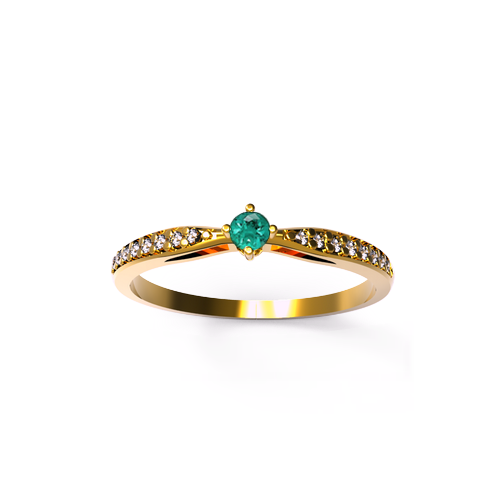 Anel Solitário de Esmeralda e Diamantes Laterais, Ouro Amarelo (WIND)