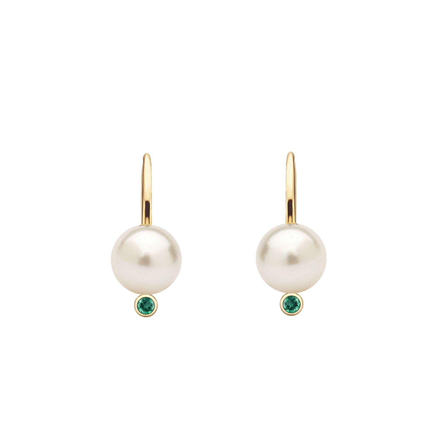 Brinco Gancho de Pérolas e Esmeraldas Verdes, Ouro Amarelo - PÉROLAS