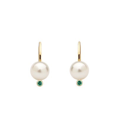 Brinco Gancho de Pérolas e Esmeraldas Verdes, Ouro Amarelo - PÉROLAS