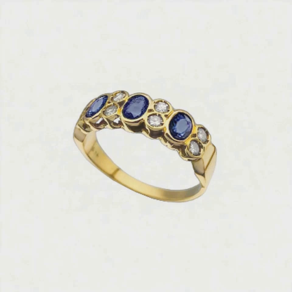 Anel 3 Safiras Ovais e Diamantes em Ouro Amarelo (OVAL)