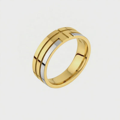Anel Reto Ouro Amarelo Detalhes em Ouro Branco - QUANTUM 6,0 mm