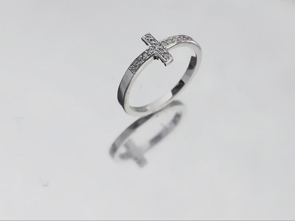 Anel Cruz Ouro Branco e Diamantes