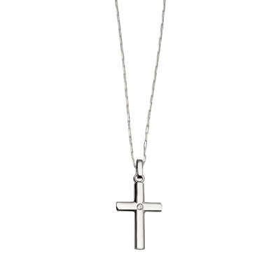 Pingente Masculino Crucifixo com Diamante e Corrente Inclusa - CRUZ Ouro Branco