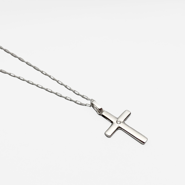 Pingente Masculino Crucifixo com Diamante e Corrente Inclusa - CRUZ Ouro Branco