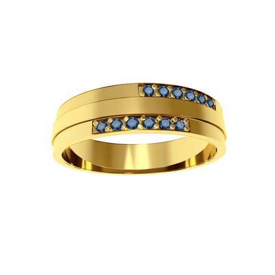 anel largo ouro amarelo e safiras azuis