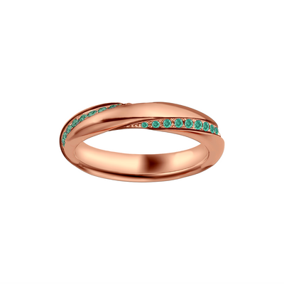 anel ouro rosa abaulado, esmeraldas verdes