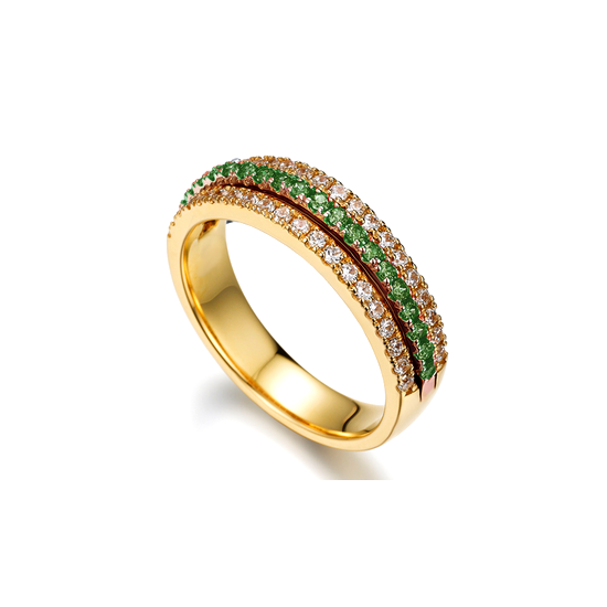 anel especial ouro amarelo, diamantes e esmeraldas verdes