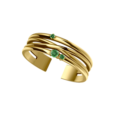 anel largo, ouro amarelo, esmeraldas verdes