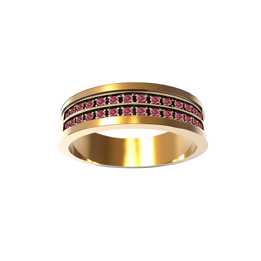 anel largo, ouro rosa e rubis