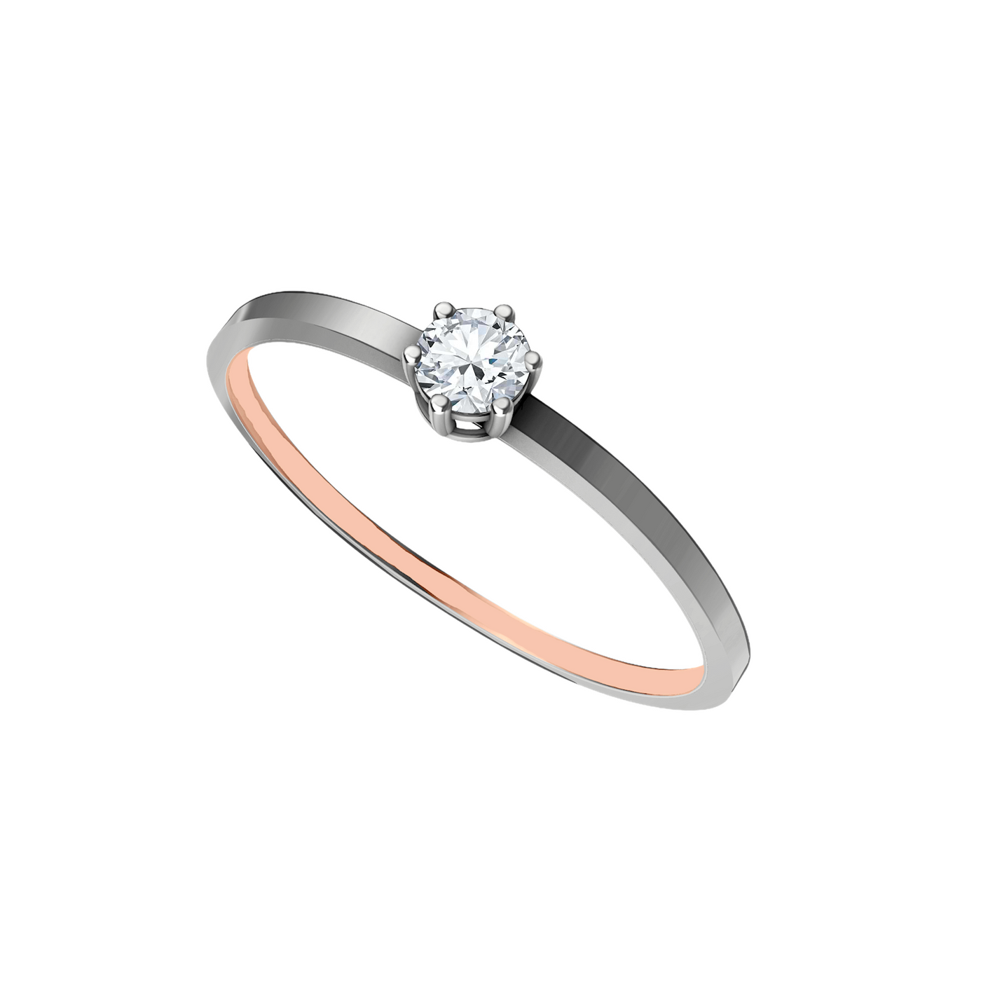 anel solitario ouro branco e rosa, diamante 6 garras
