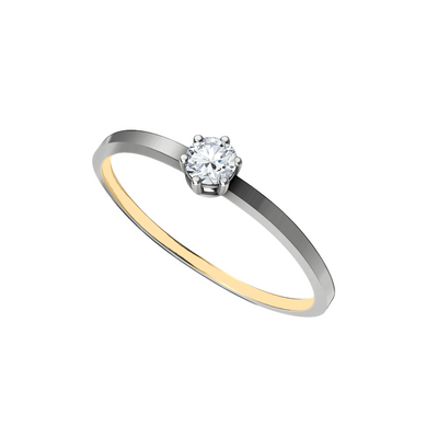 anel solitario diamante, ouro branco e amarelo