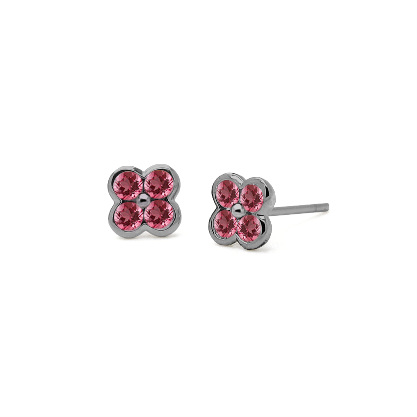 brinco stud ouro negro, trevo de rubis