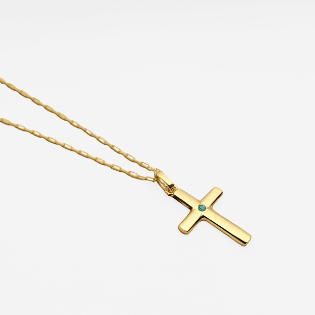 Pingente Masculino Crucifixo com Esmeralda e Corrente Inclusa - CRUZ Ouro Amarelo