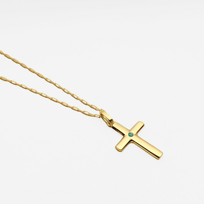 Pingente Masculino Crucifixo com Esmeralda e Corrente Inclusa - CRUZ Ouro Amarelo